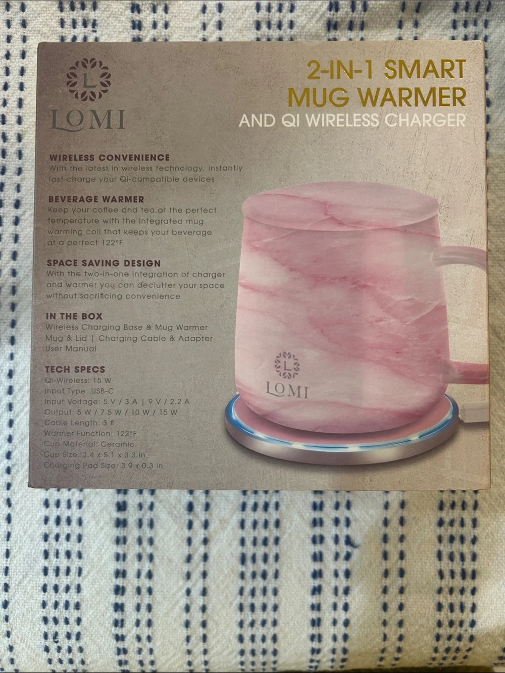 Lomi Pink Marble 2-in-1 Smart Mug Warmer with Qi Wireless Charger